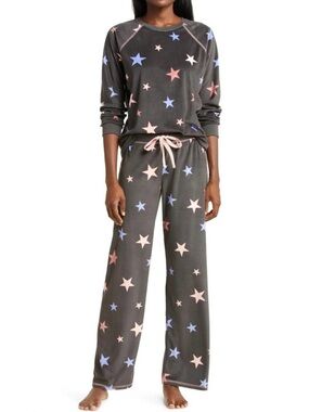 PJ Salvage Starry Sunsets Silky Velour Top and Pants Set, Size Large in Charcoal